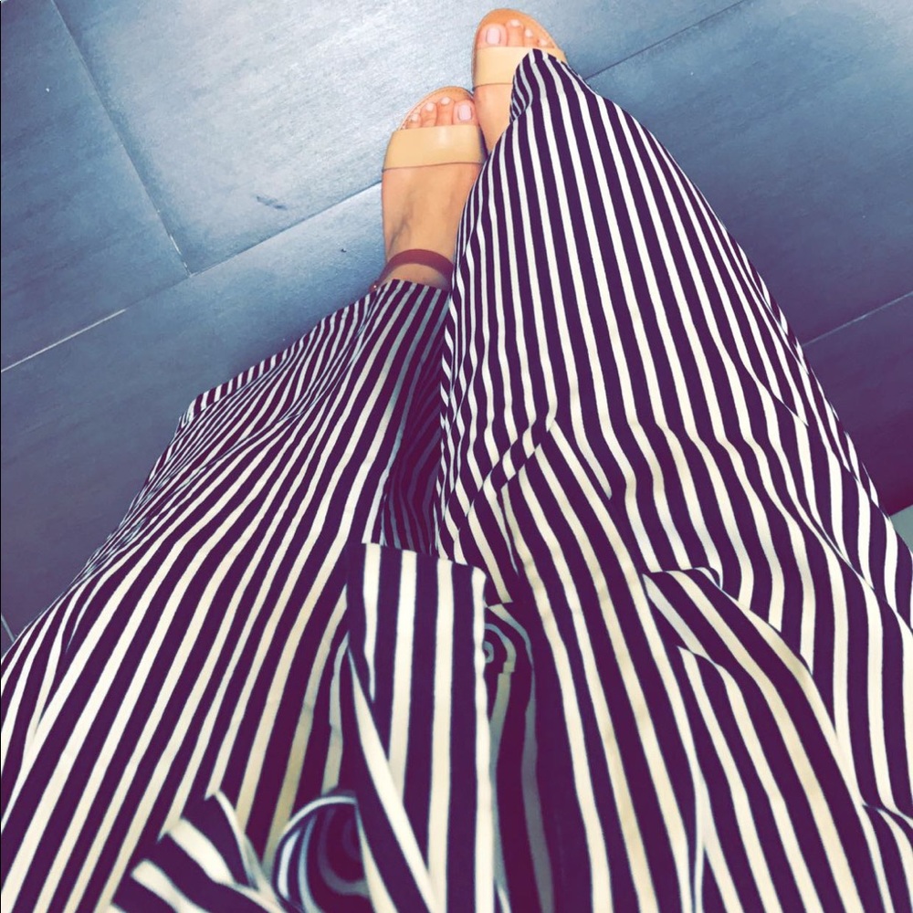 Zara black and white pin stripe belted wide leg